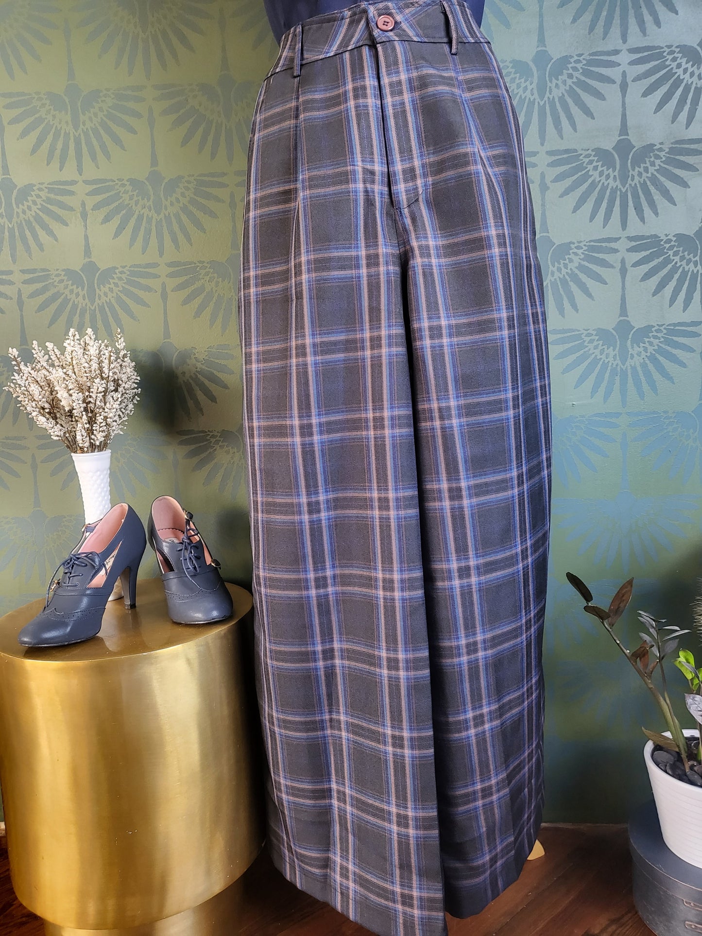 High Waisted Wide Leg Plaid Pants-Charcoal/Blue