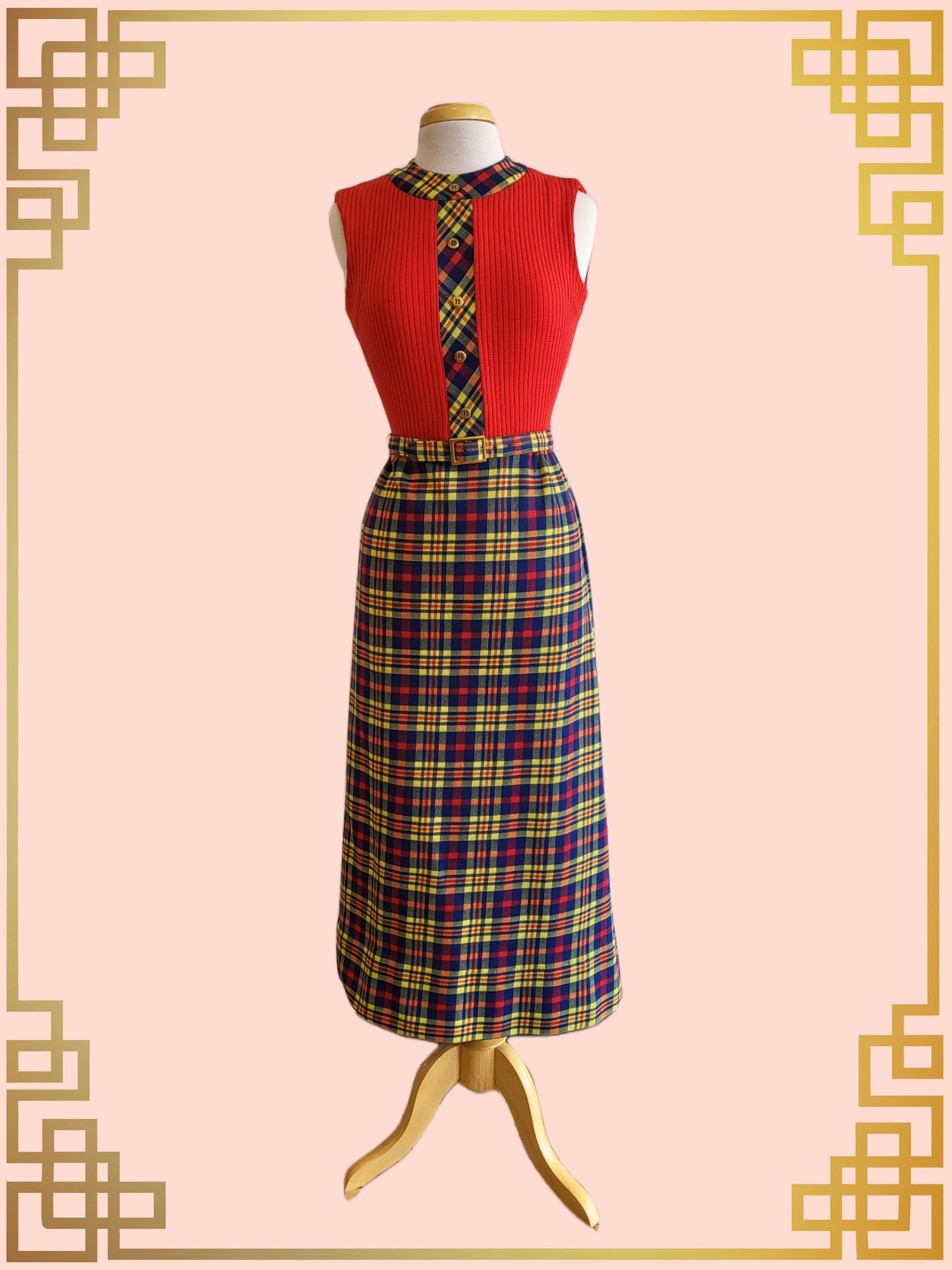 SOLD - Vintage Momentum Maxi Sheath Dress-Red and Plaid Color Block with Coordinating Cardigan