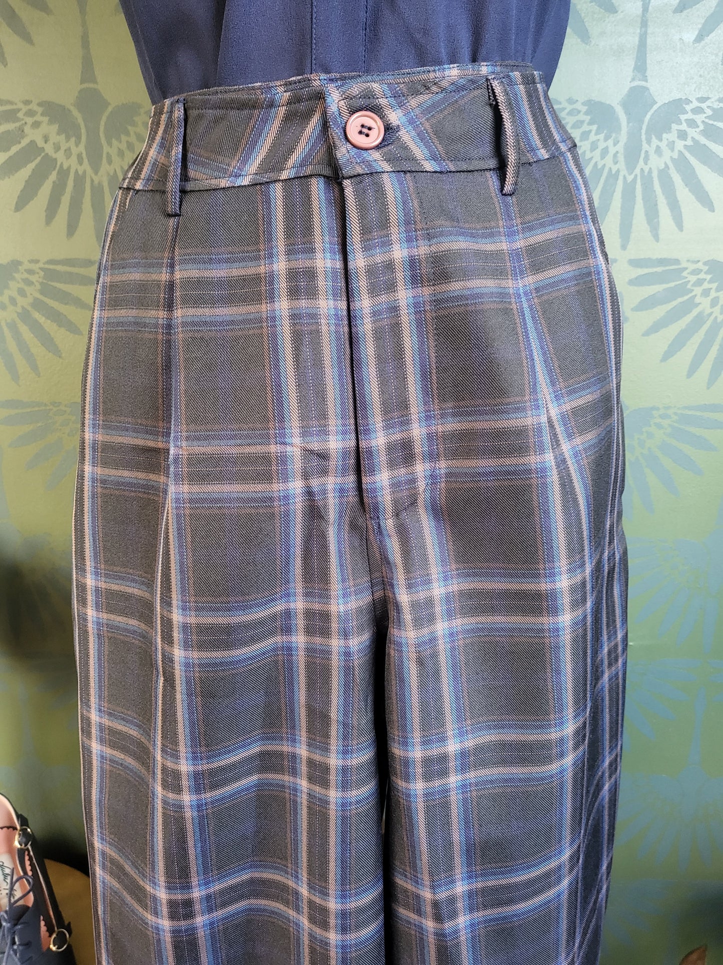 High Waisted Wide Leg Plaid Pants-Charcoal/Blue