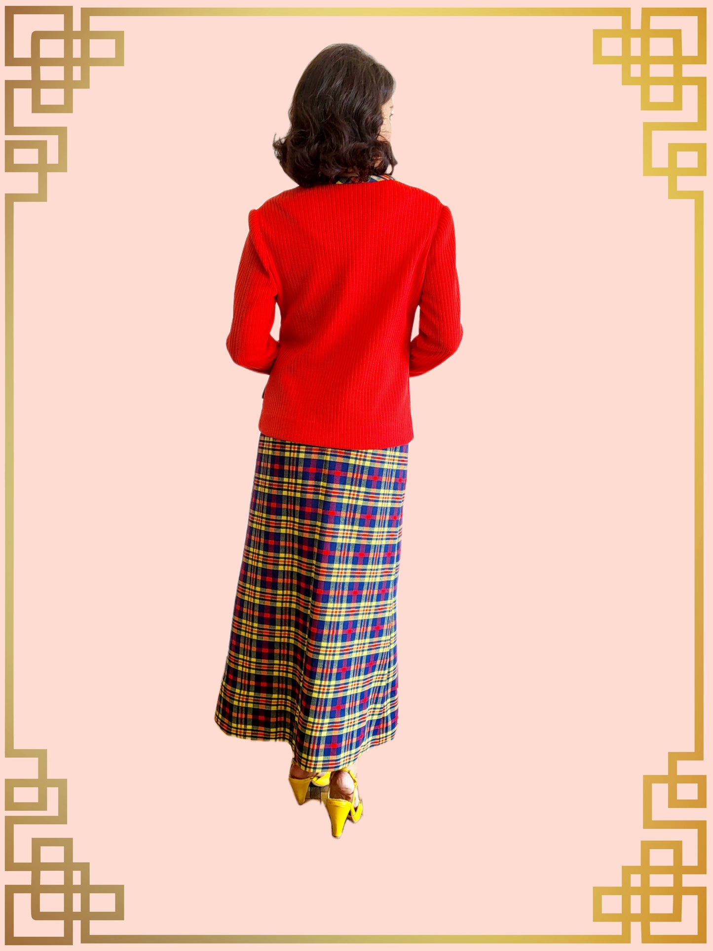 SOLD - Vintage Momentum Maxi Sheath Dress-Red and Plaid Color Block with Coordinating Cardigan