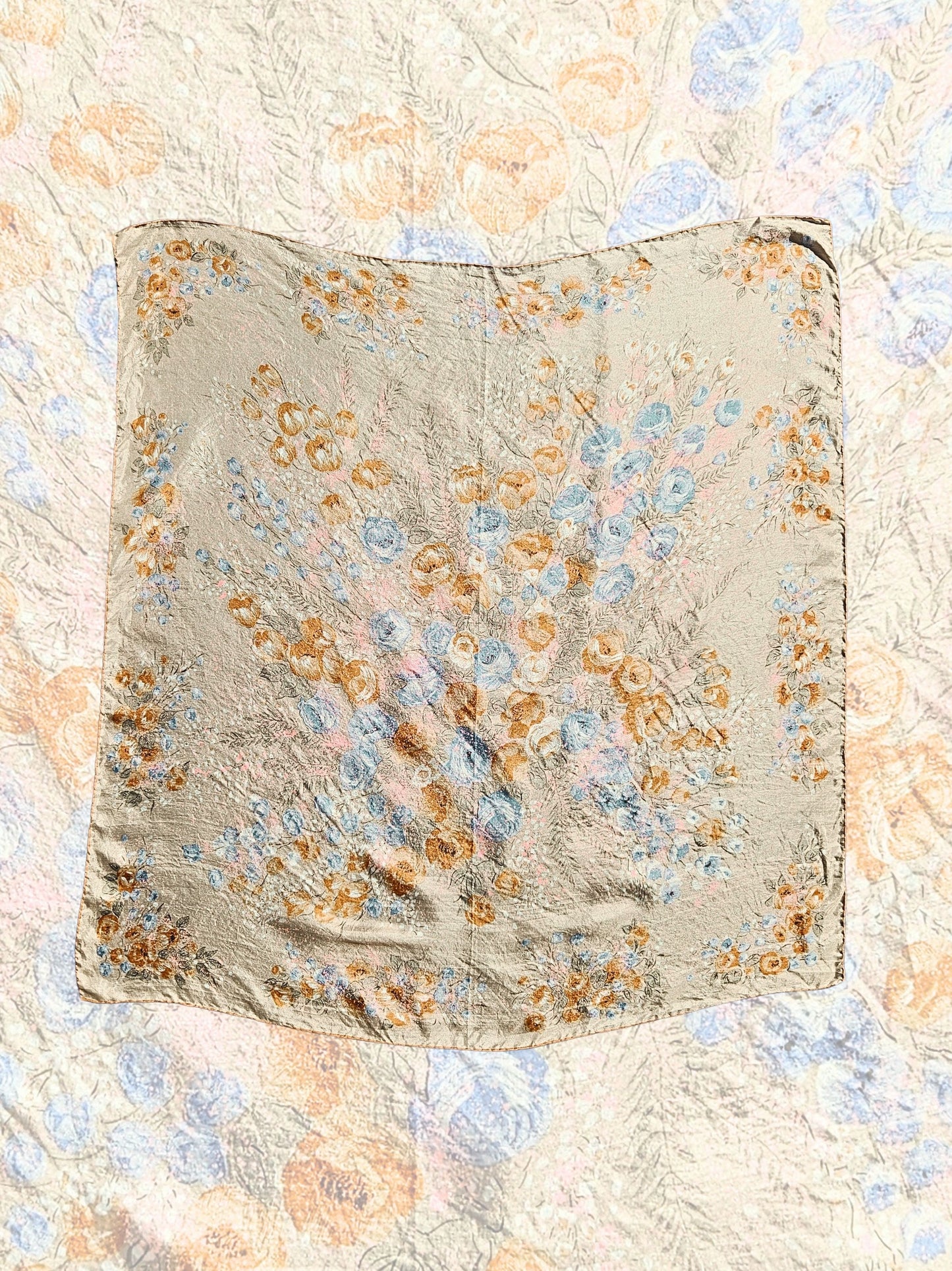 SOLD- Vintage Peach and Blue Floral Square Silk Scarf