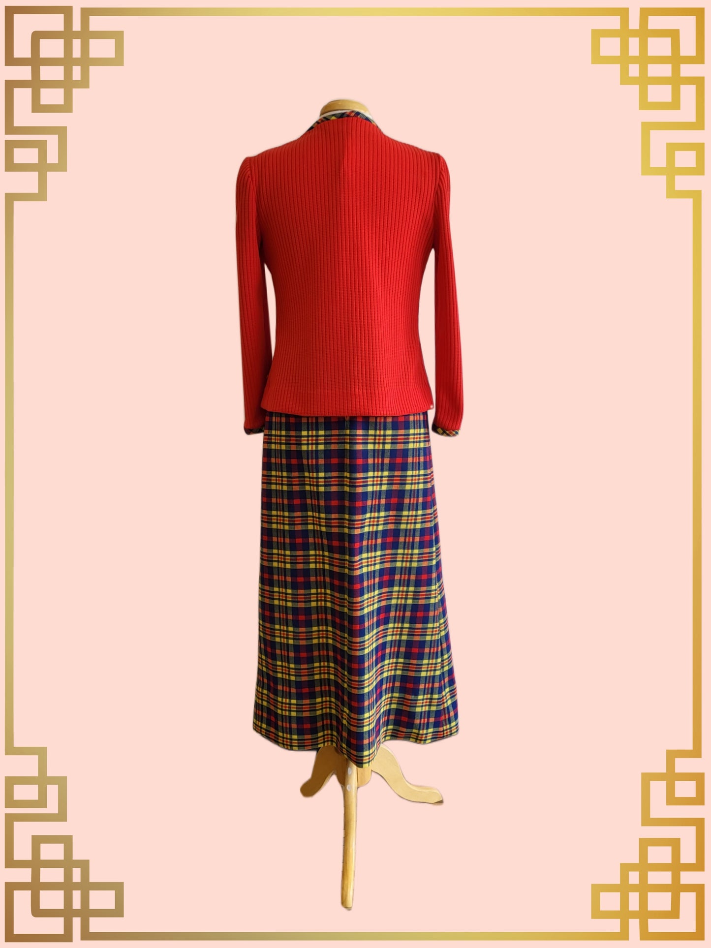 SOLD - Vintage Momentum Maxi Sheath Dress-Red and Plaid Color Block with Coordinating Cardigan