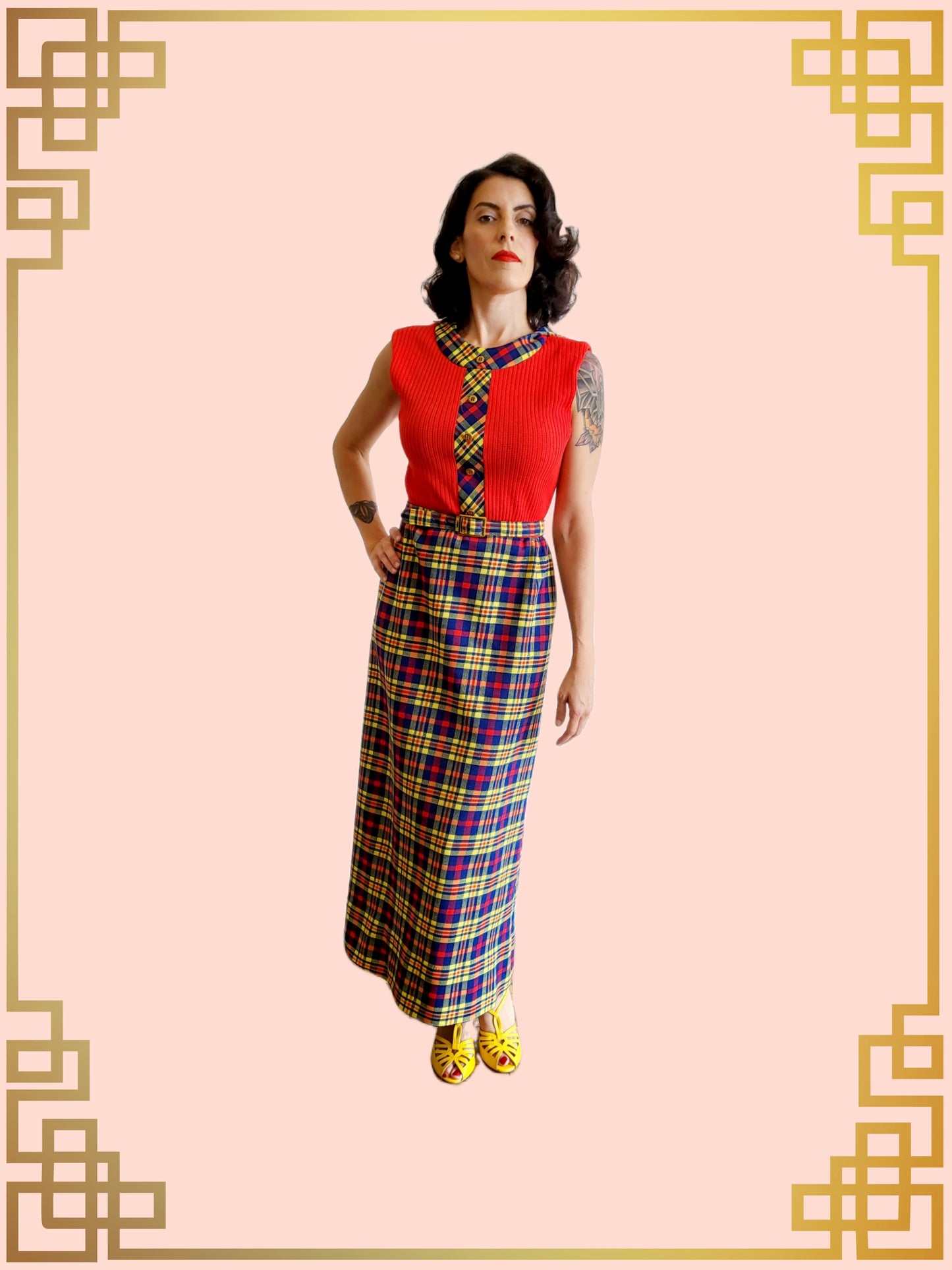 SOLD - Vintage Momentum Maxi Sheath Dress-Red and Plaid Color Block with Coordinating Cardigan