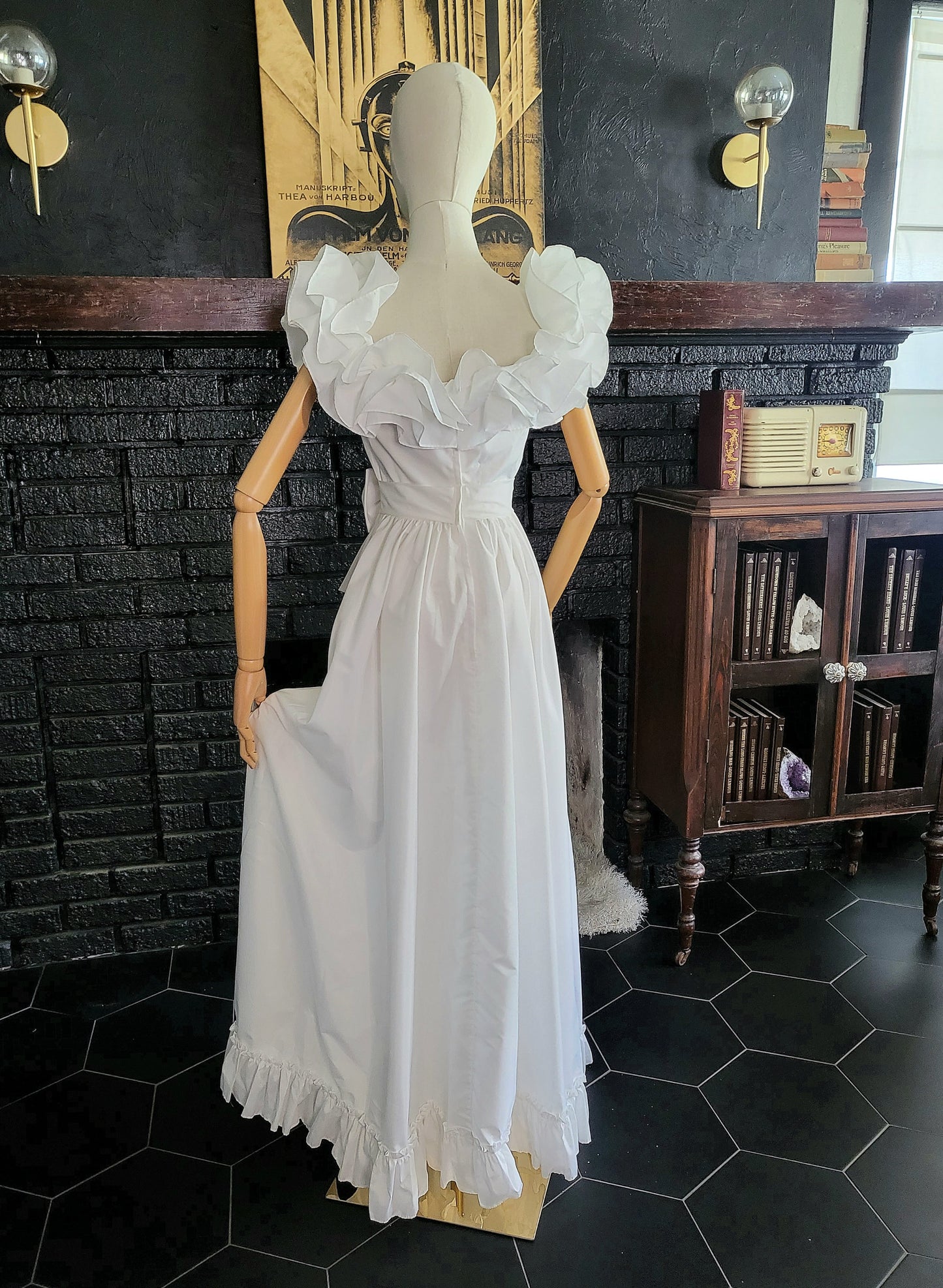 STYLE 1012 - Vintage 1970's-1980's White Off the Shoulder Ruffle Neck Wedding Gown