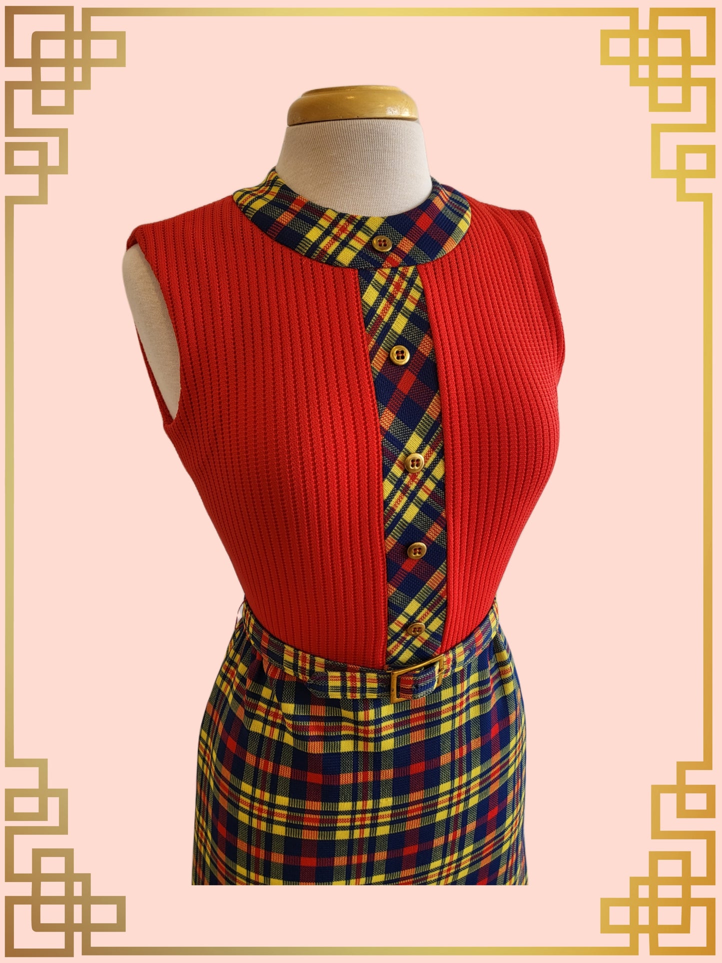 SOLD - Vintage Momentum Maxi Sheath Dress-Red and Plaid Color Block with Coordinating Cardigan