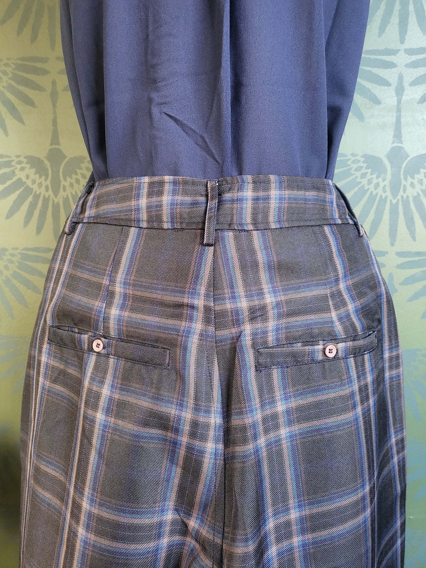 High Waisted Wide Leg Plaid Pants-Charcoal/Blue