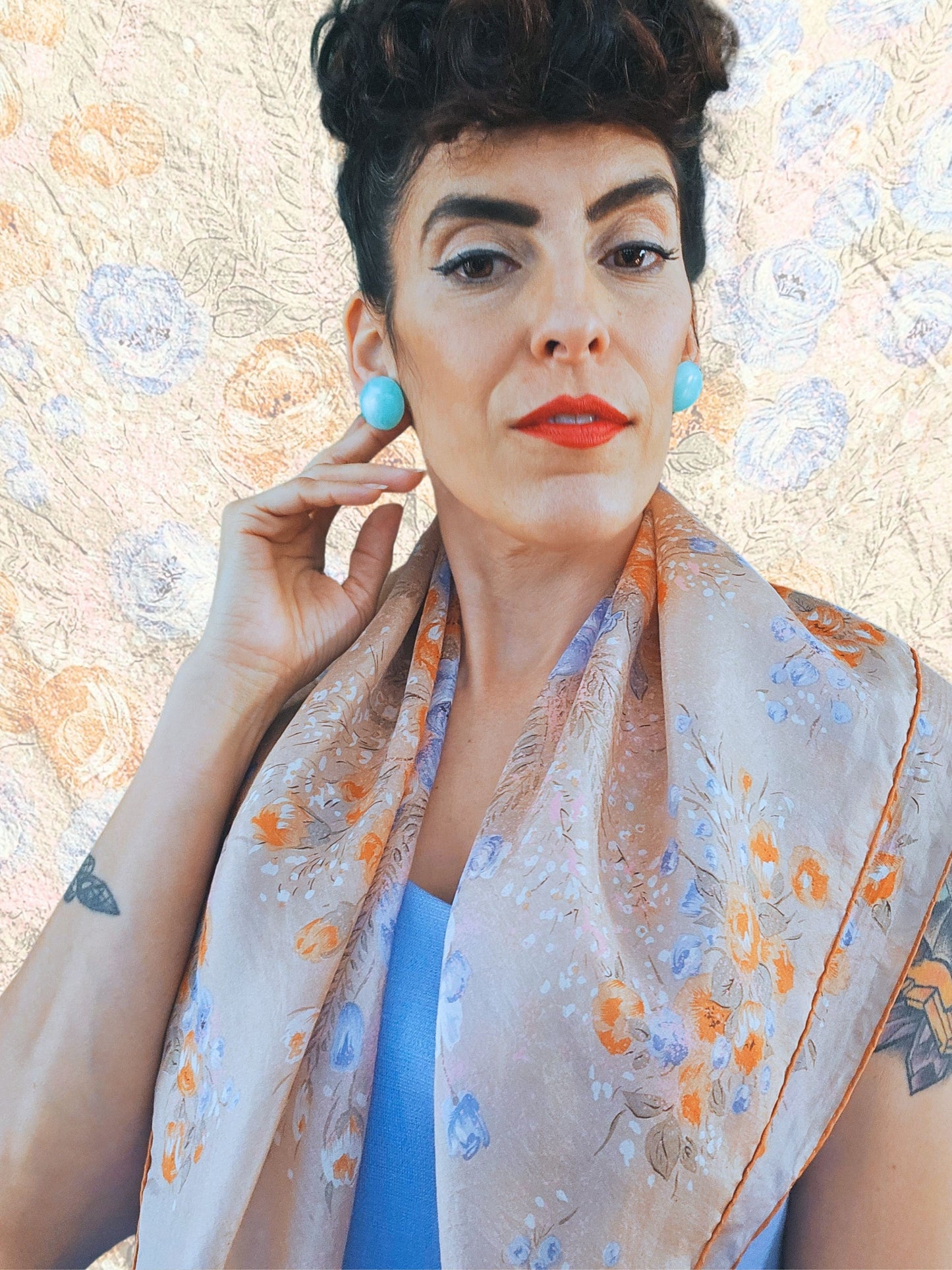 SOLD- Vintage Peach and Blue Floral Square Silk Scarf