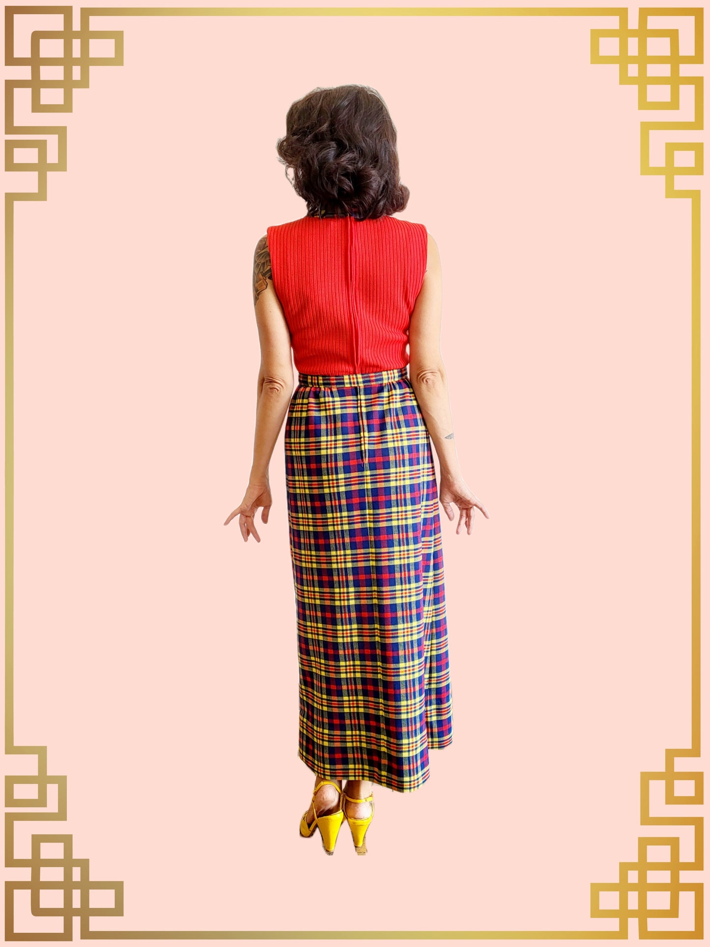 SOLD - Vintage Momentum Maxi Sheath Dress-Red and Plaid Color Block with Coordinating Cardigan