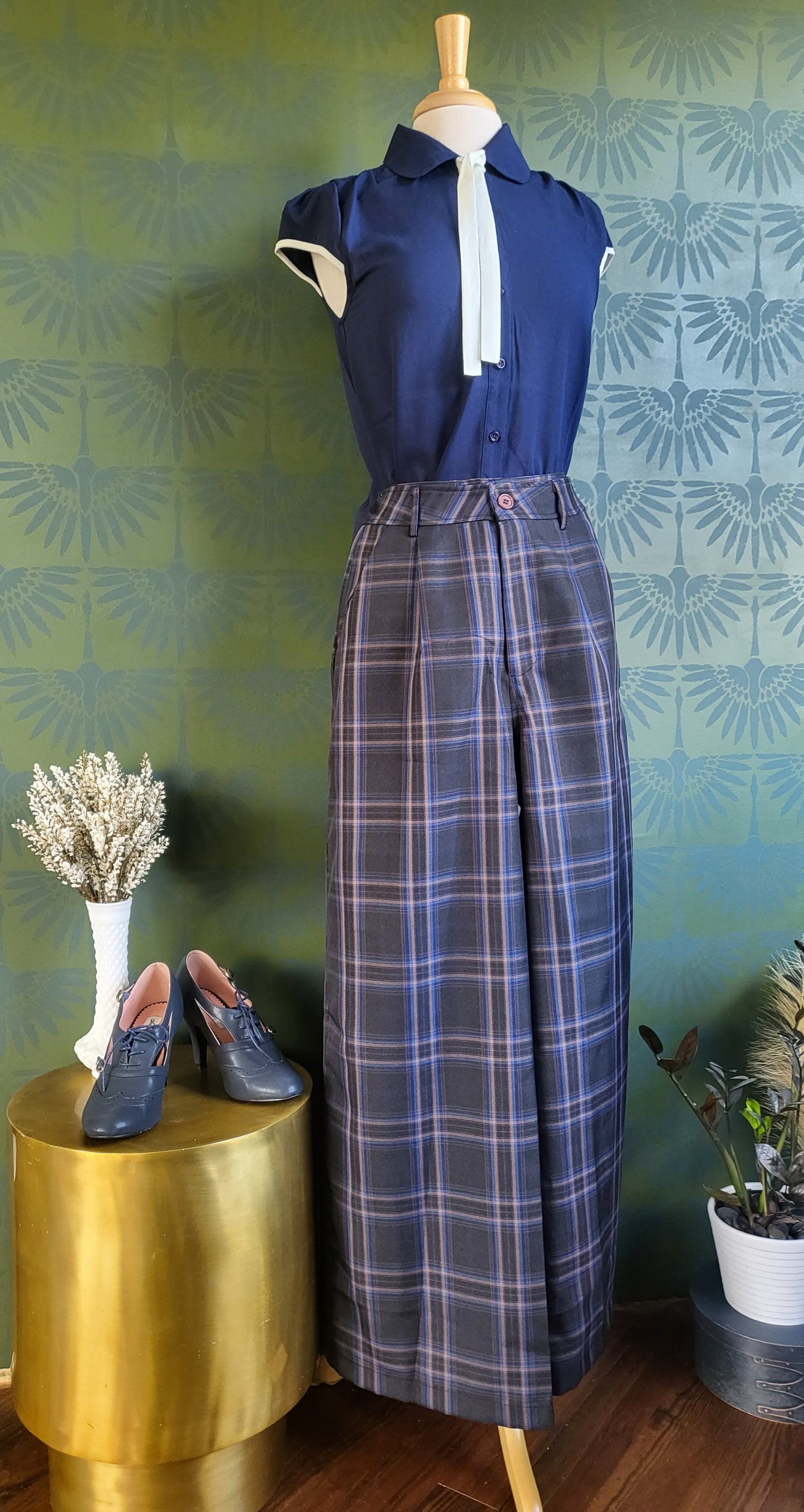 High Waisted Wide Leg Plaid Pants-Charcoal/Blue