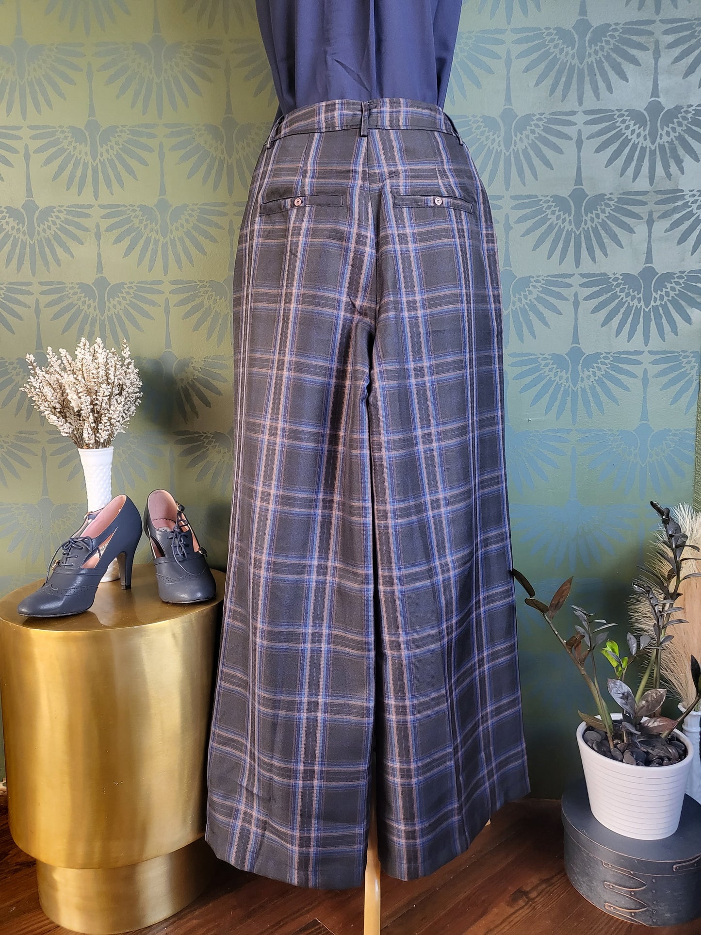 High Waisted Wide Leg Plaid Pants-Charcoal/Blue
