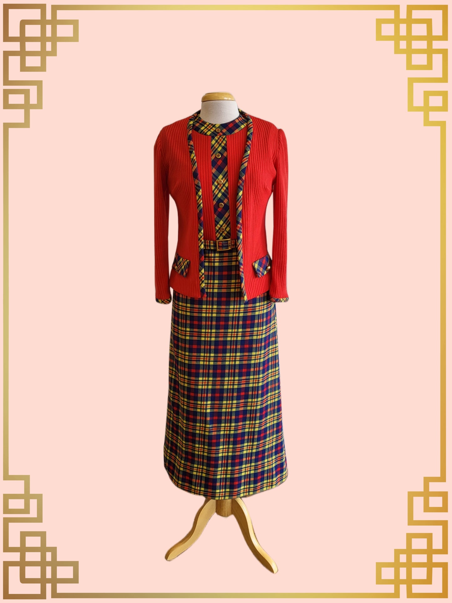 SOLD - Vintage Momentum Maxi Sheath Dress-Red and Plaid Color Block with Coordinating Cardigan