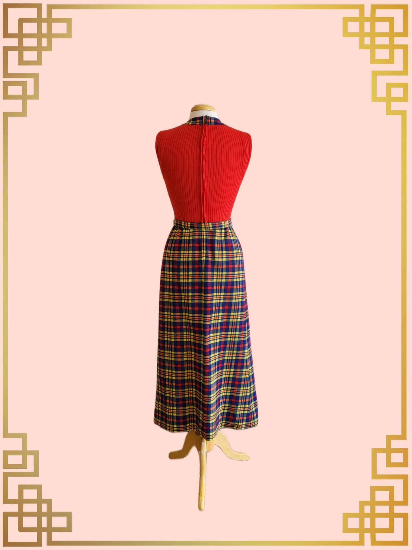 SOLD - Vintage Momentum Maxi Sheath Dress-Red and Plaid Color Block with Coordinating Cardigan