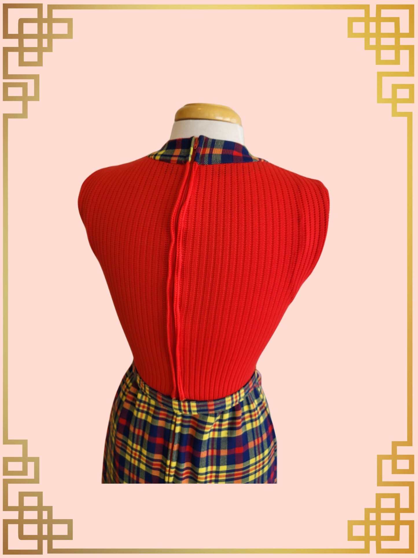SOLD - Vintage Momentum Maxi Sheath Dress-Red and Plaid Color Block with Coordinating Cardigan