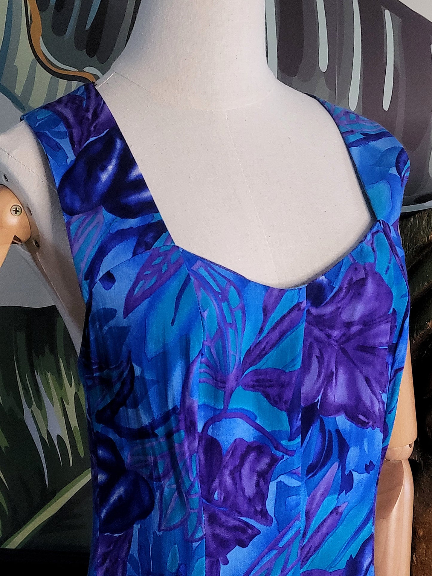 SOLD - Vintage "All That Jazz" Tropical Leaf Print Sun Dress - Blue/Purple