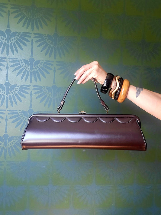 SOLD - Vintage 1950's - 1960's Chocolate Brown Vinyl Barrell Handbag