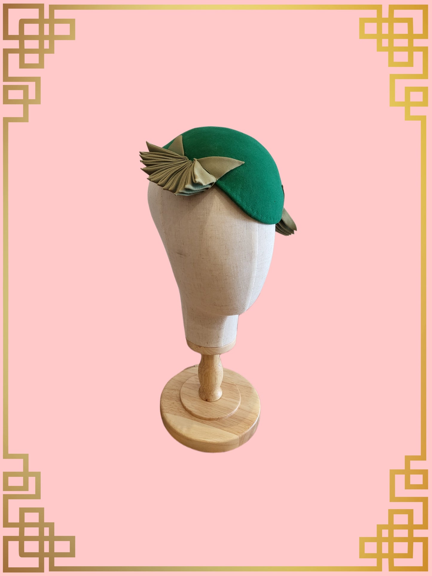 SOLD - Vintage Green Felted Wool Juliet Hat with Ribbon Wings