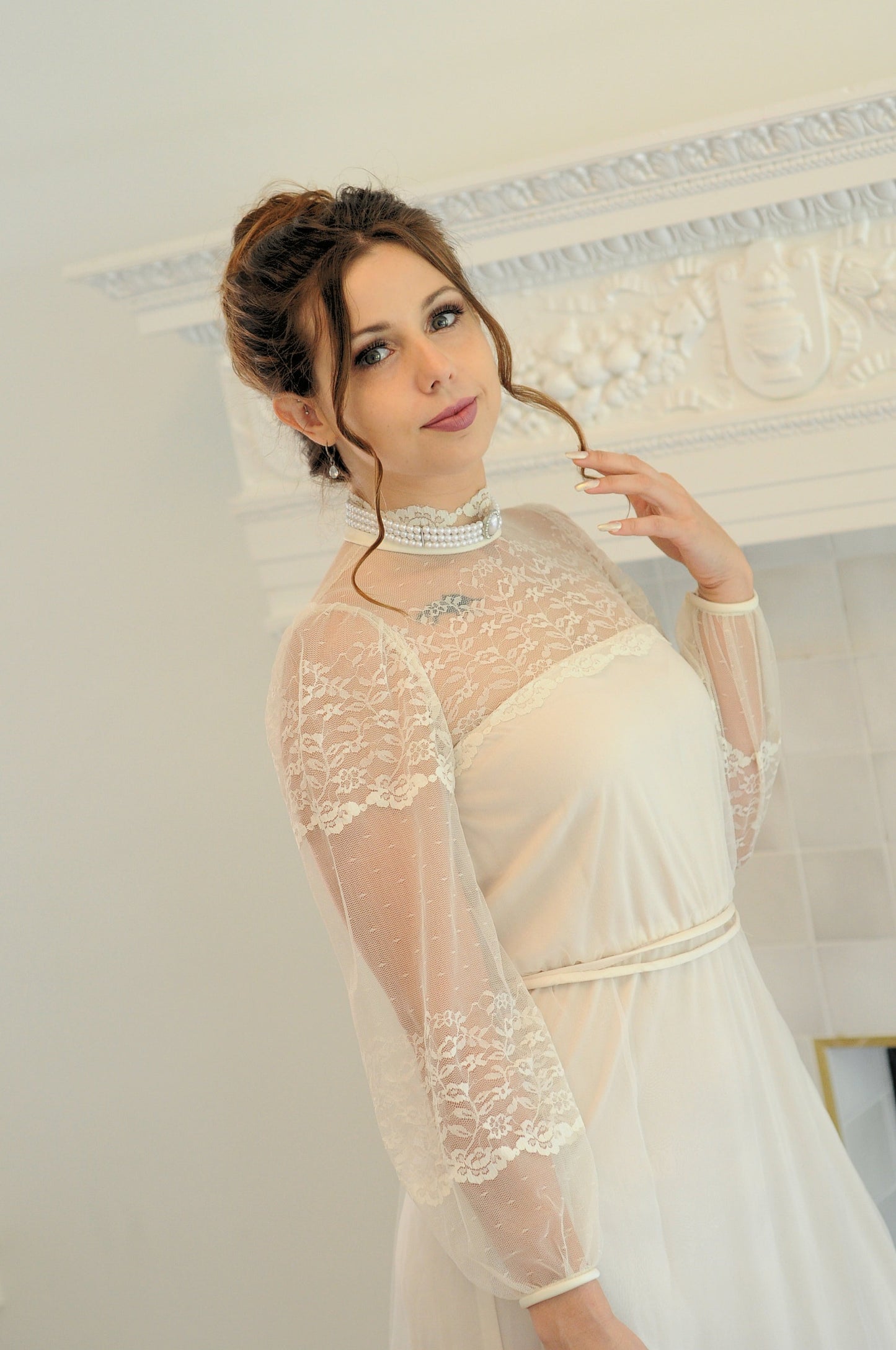 STYLE 1003 -Vintage 1970's-1980's High Collar Lace Bodice Wedding Dress