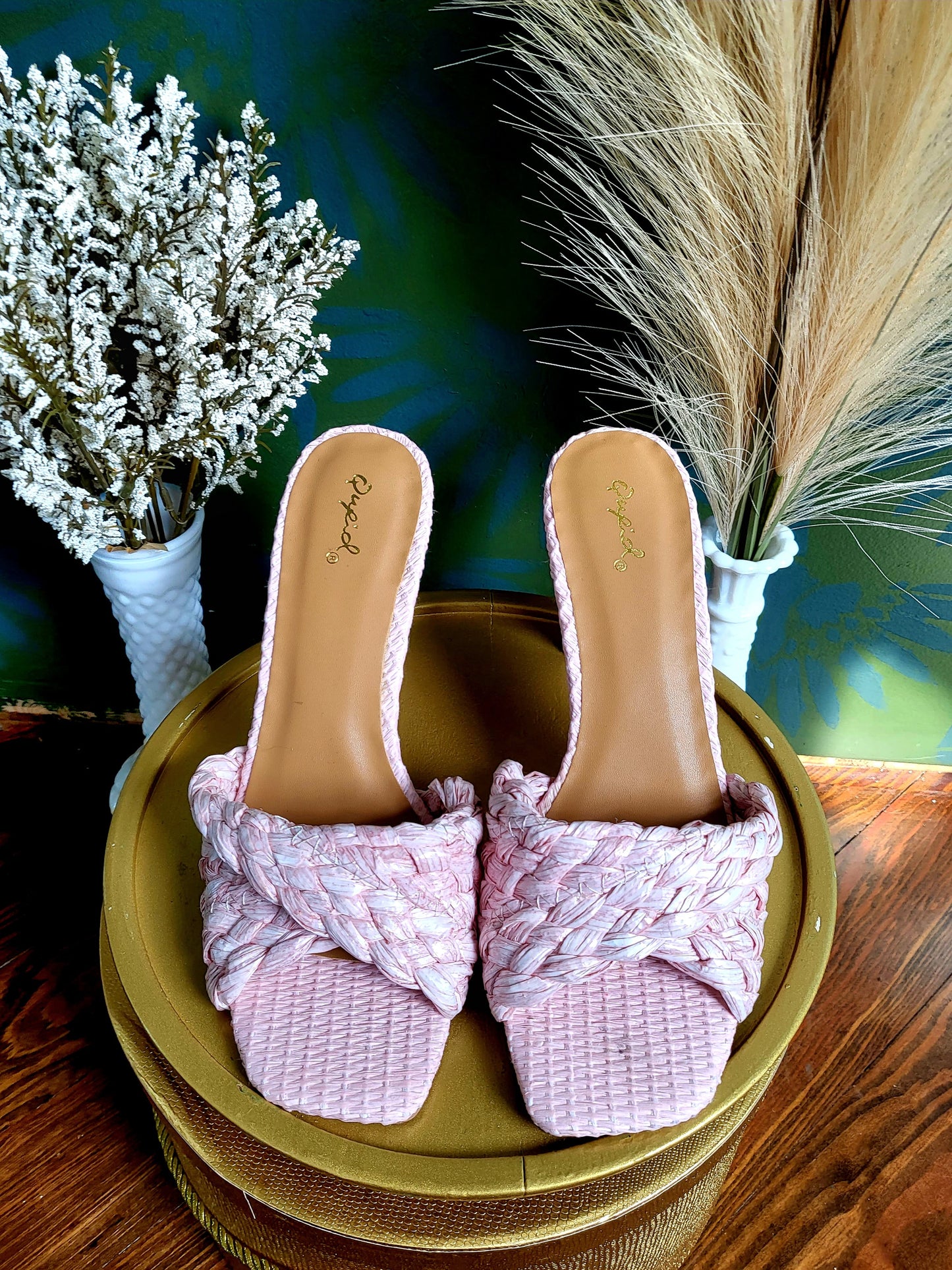 Raffia Woven Twisted Slide High Heel Sandals - PINK