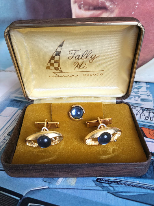 Vintage Tally Hi Golden Oval Cufflink and Tie Pin Set In Box - Blue Stone