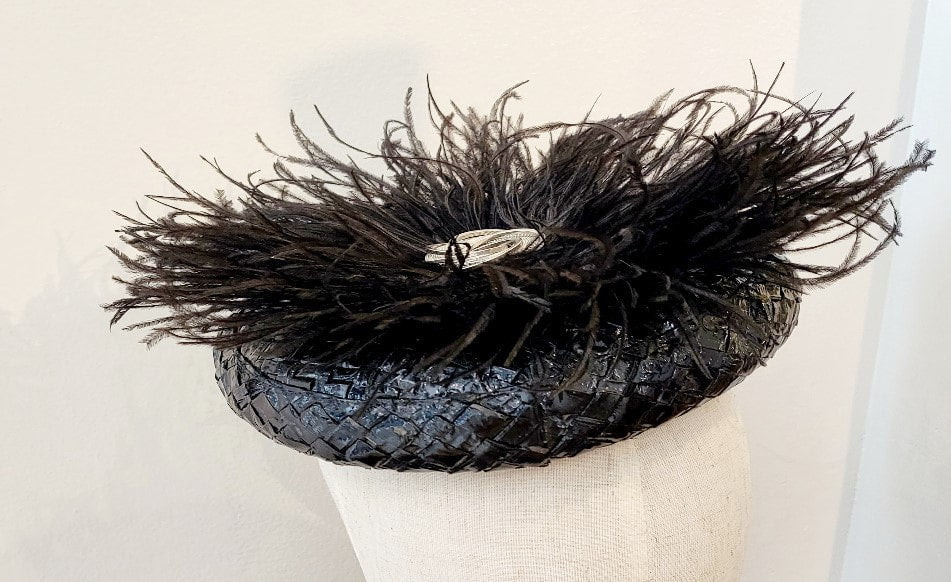 SOLD - Vintage Black Woven Fascinator Hat with Feathers