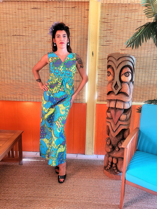 SOLD - Vintage 1960's-1970's ELEU Hawaiian Psychedelic Paisley Maxi Dress