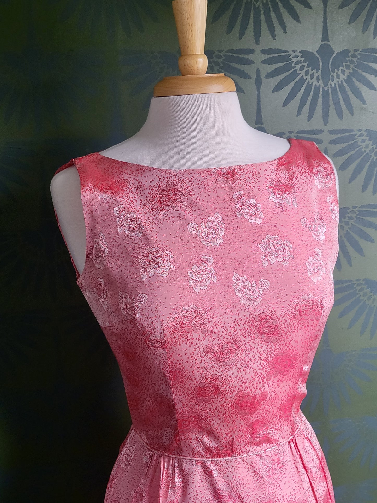 SOLD - Vintage 1950s-1960s Flair of Miami Pink Satin Floral Wiggle Cocktail Dress