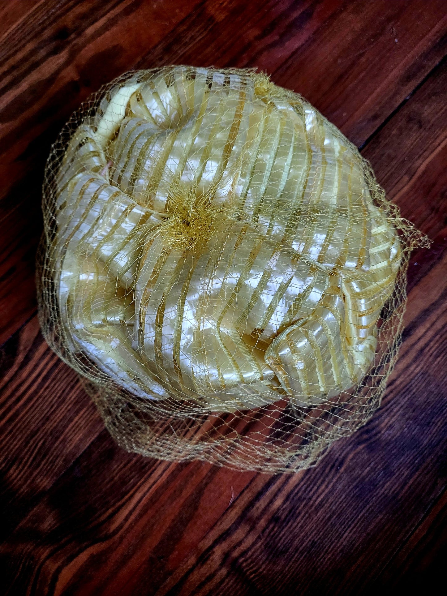 HAT12 - Vintage 1950s-1960s Lemon Yellow Straw and Net Weave Crescent Cap with Birdcage Veil