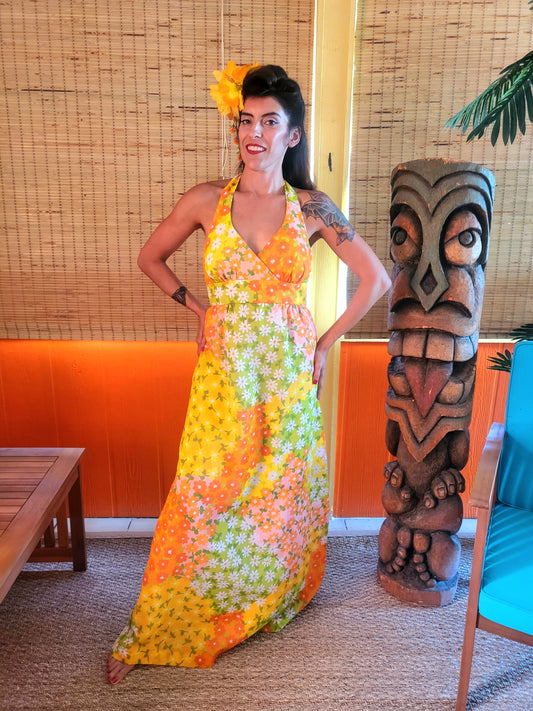 SOLD - Vintage 1970's "The Daisy Pot" By Malia Honolulu Maxi Halter Dress