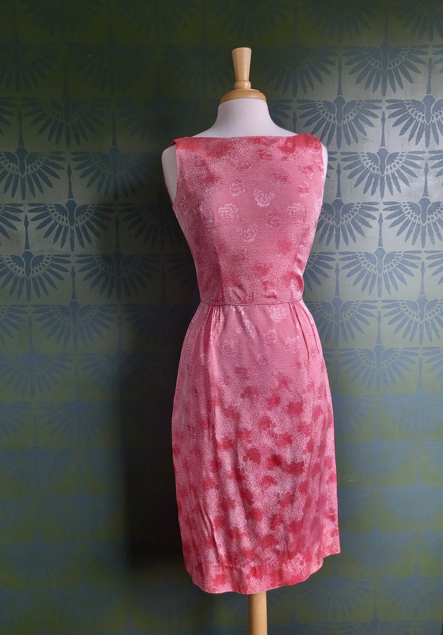 SOLD - Vintage 1950s-1960s Flair of Miami Pink Satin Floral Wiggle Cocktail Dress