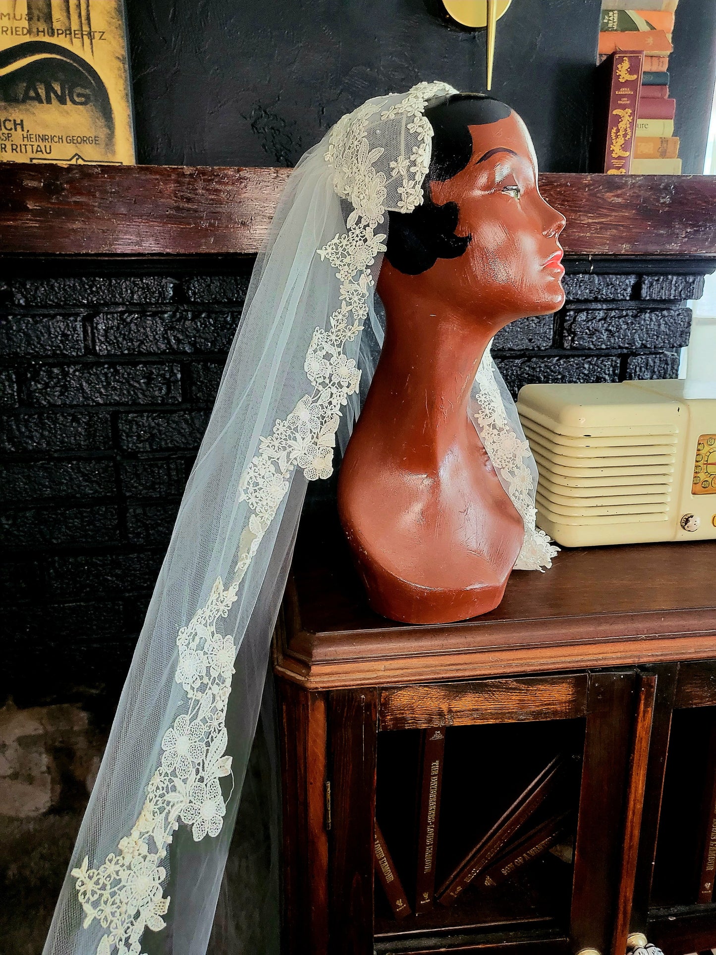 SOLD - Vintage White Lace on Tulle Long Veil