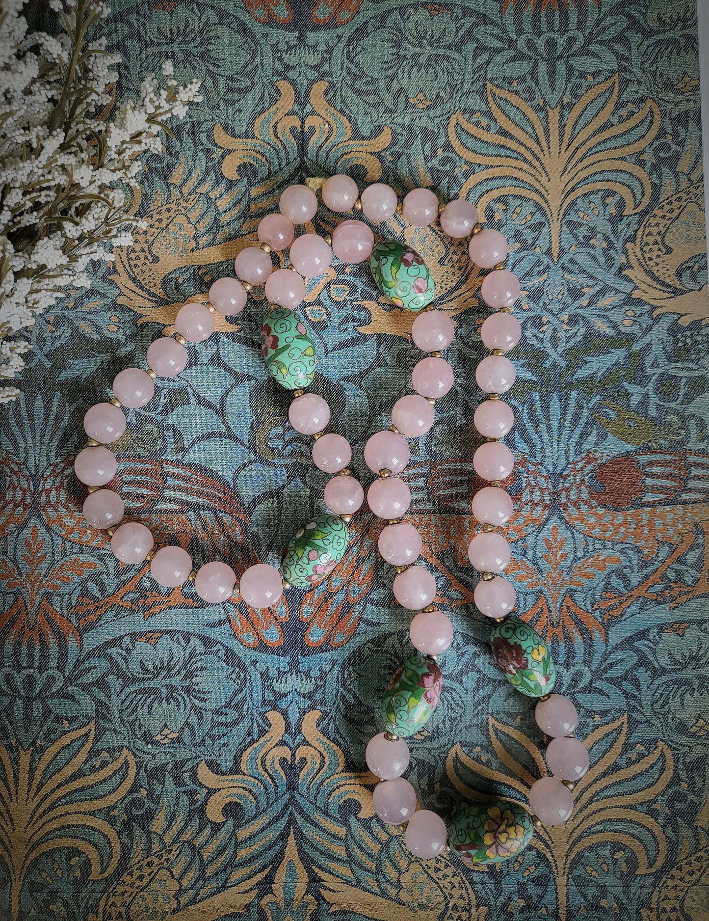 STYLE 7011 - Vintage Rose Quartz and Art Nouveau Floral Beaded Necklace