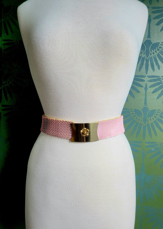 SOLD - Vintage Pale Pink Scales Elastic Belt with Large Golden Buckle