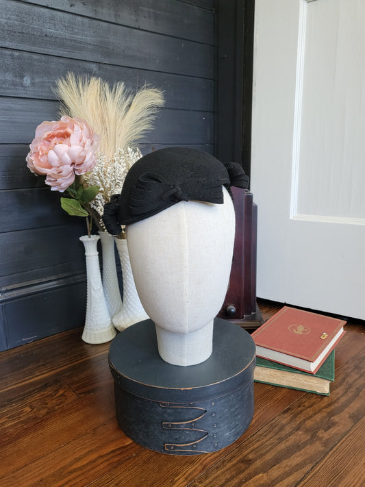 SOLD - Vintage 1950s Black Felted Wool Helmet Cap with Bow Ornamentation