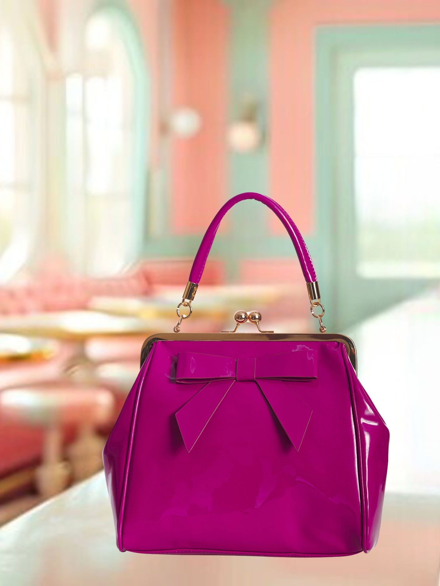 Vintage Style Handbag with Bow - Fuchsia