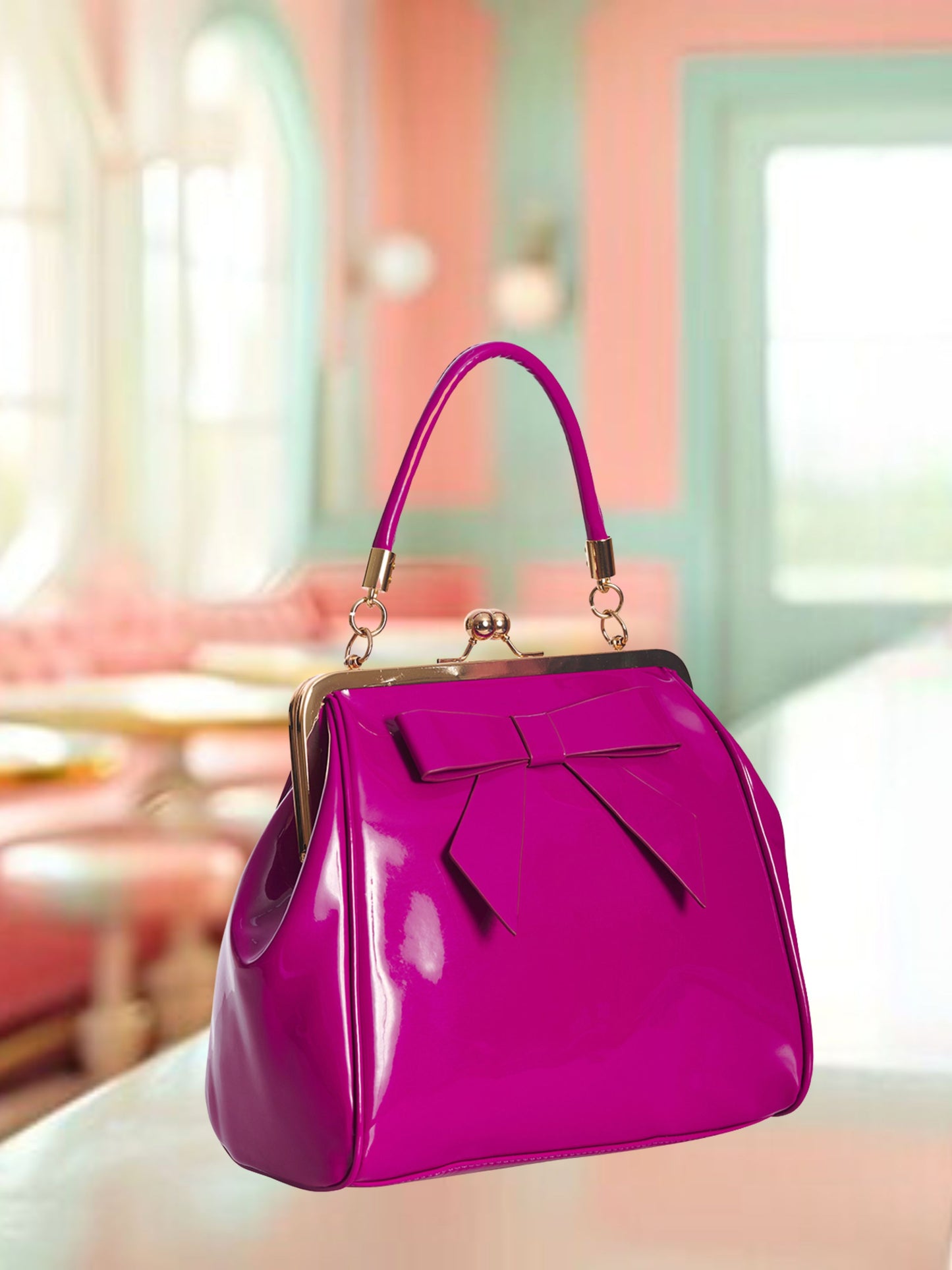 Vintage Style Handbag with Bow - Fuchsia