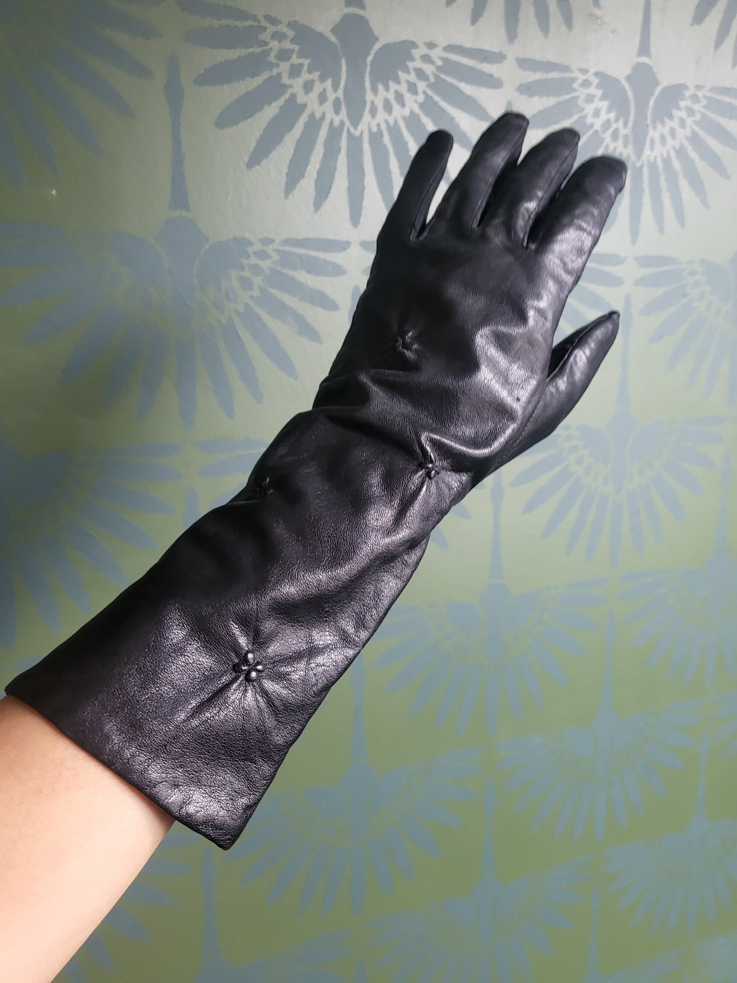 SOLD - Vintage Black Leather Winter Gloves -Flower Dots