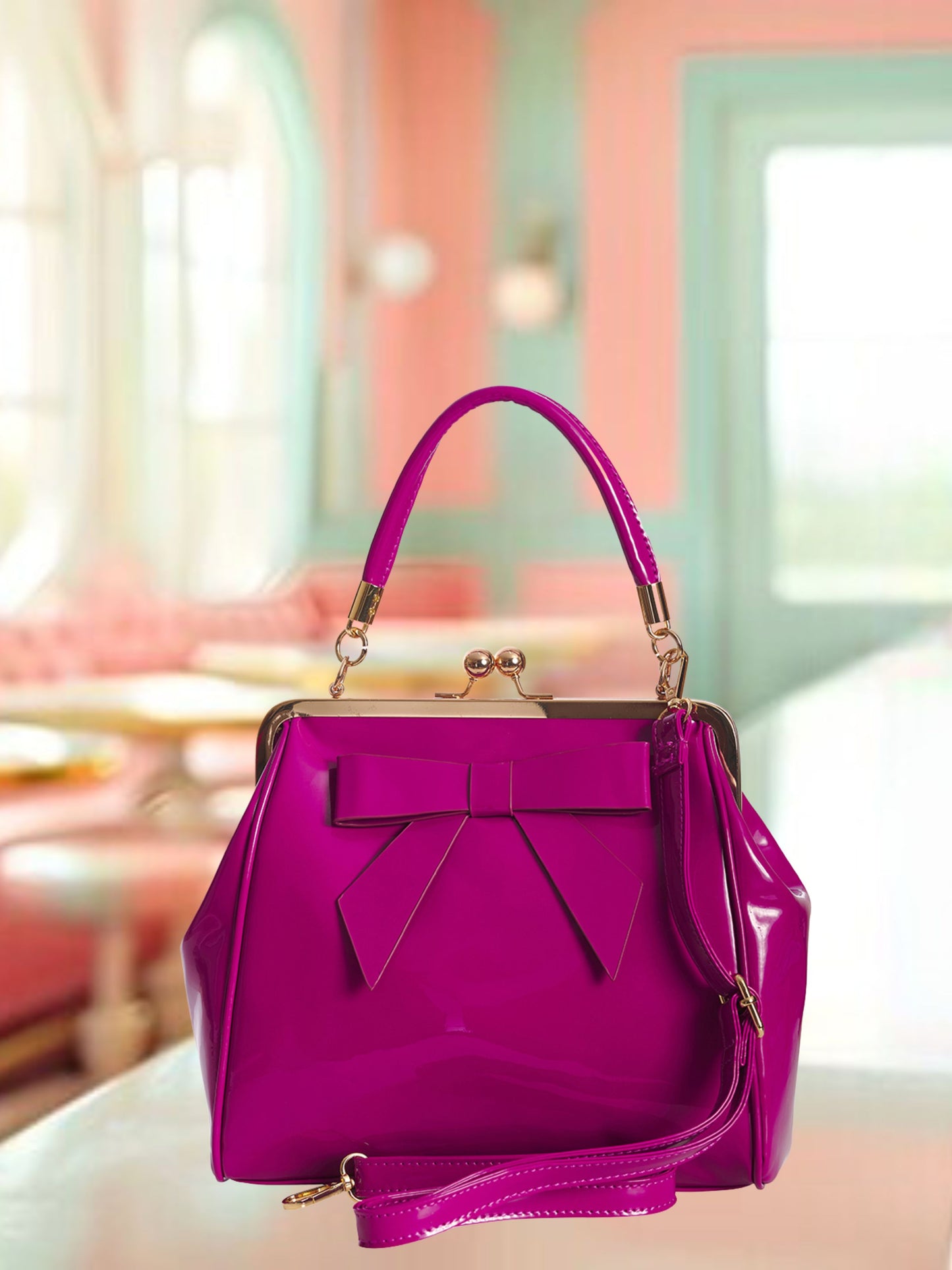 Vintage Style Handbag with Bow - Fuchsia