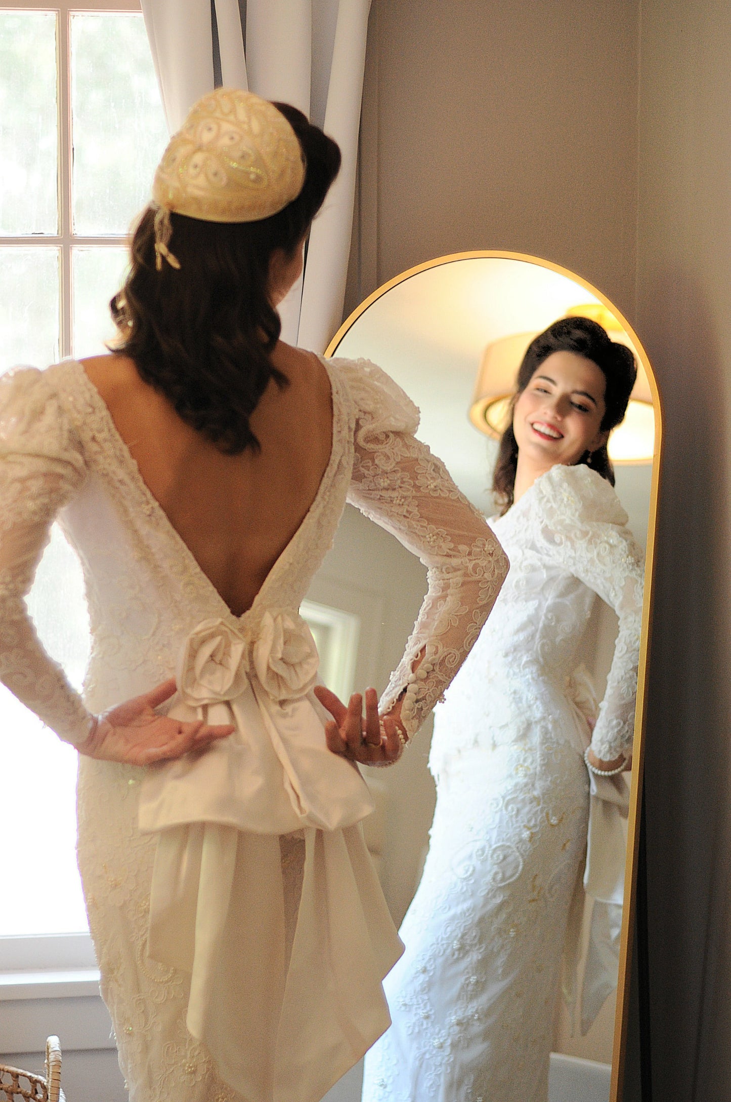 STYLE 1002 - Vintage "1980's Does 1940's" Light Ivory Beaded Lace over Satin Wedding Gown