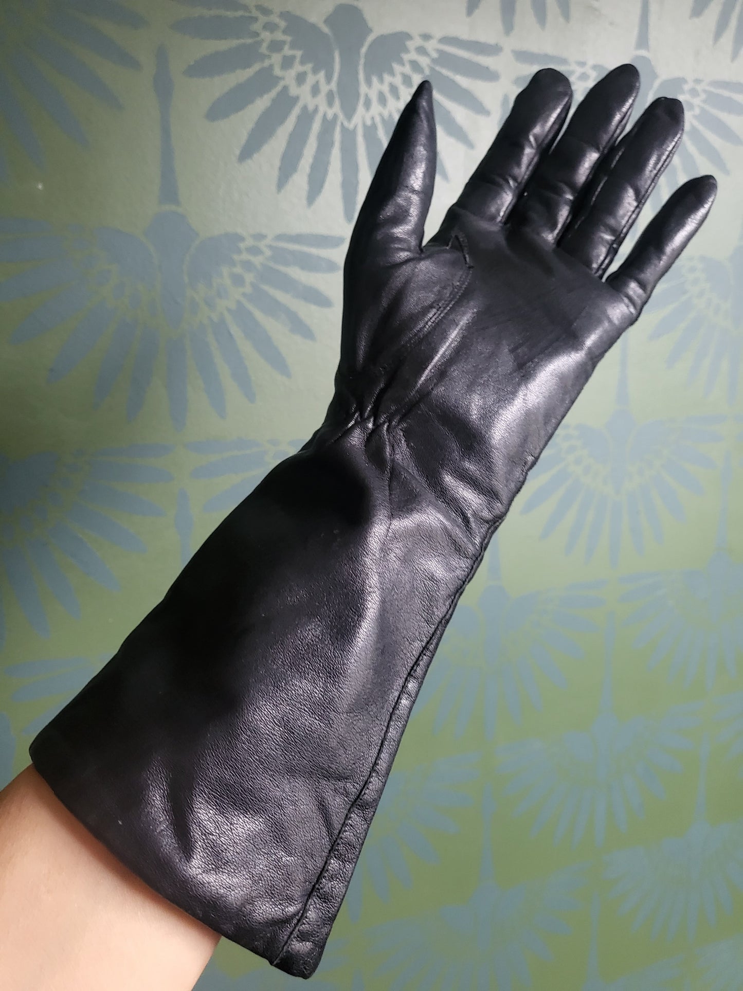 SOLD - Vintage Black Leather Winter Gloves -Flower Dots