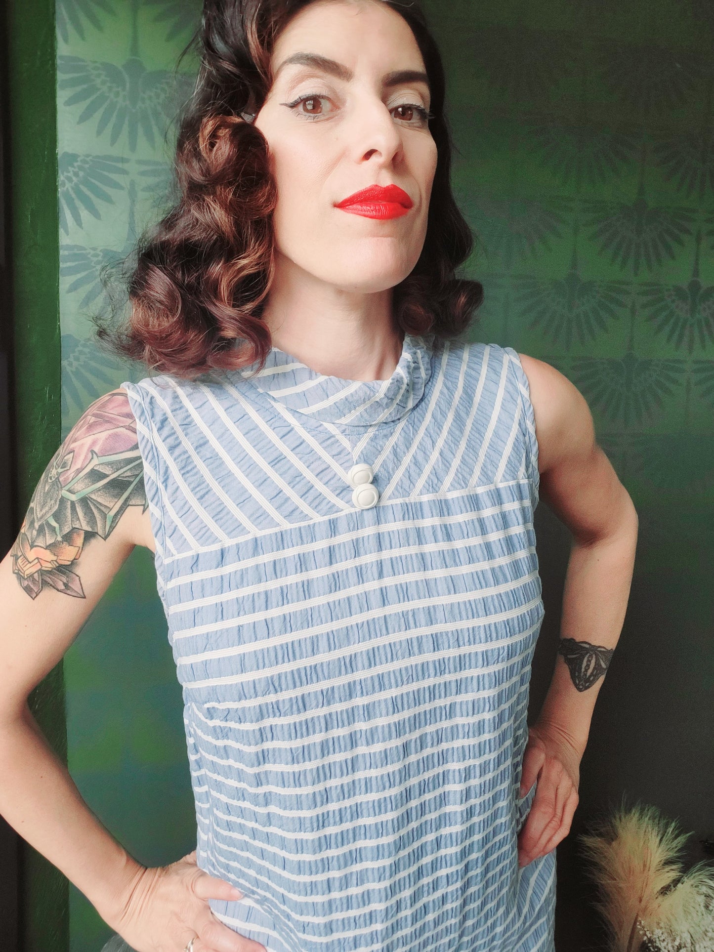 Vintage 1960's Periwinkle and White Striped Seersucker Shift Dress