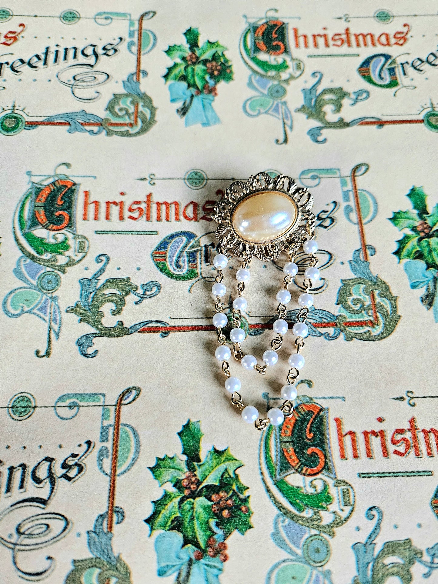 SOLD - Vintage Golden Filigree Faux Pearl Brooch With Beaded Chains