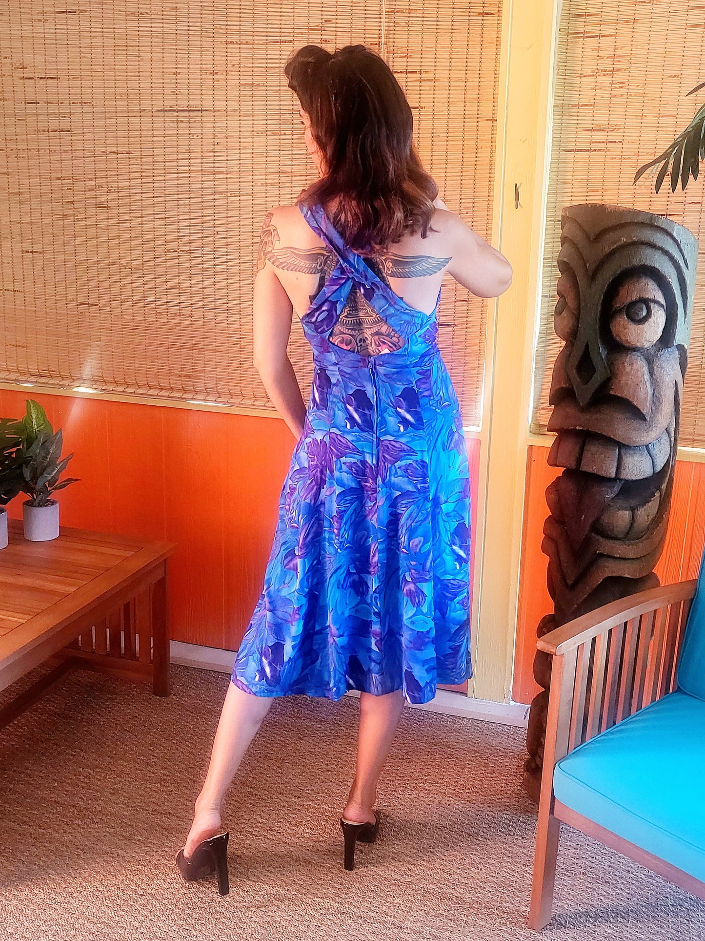 SOLD - Vintage "All That Jazz" Tropical Leaf Print Sun Dress - Blue/Purple