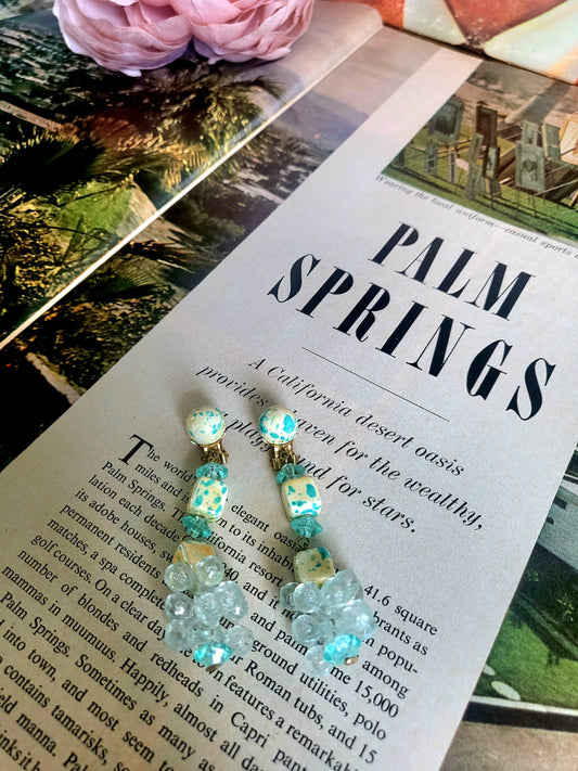 Vintage Teal Speckled Beaded Drop Earrings (Clip-on)