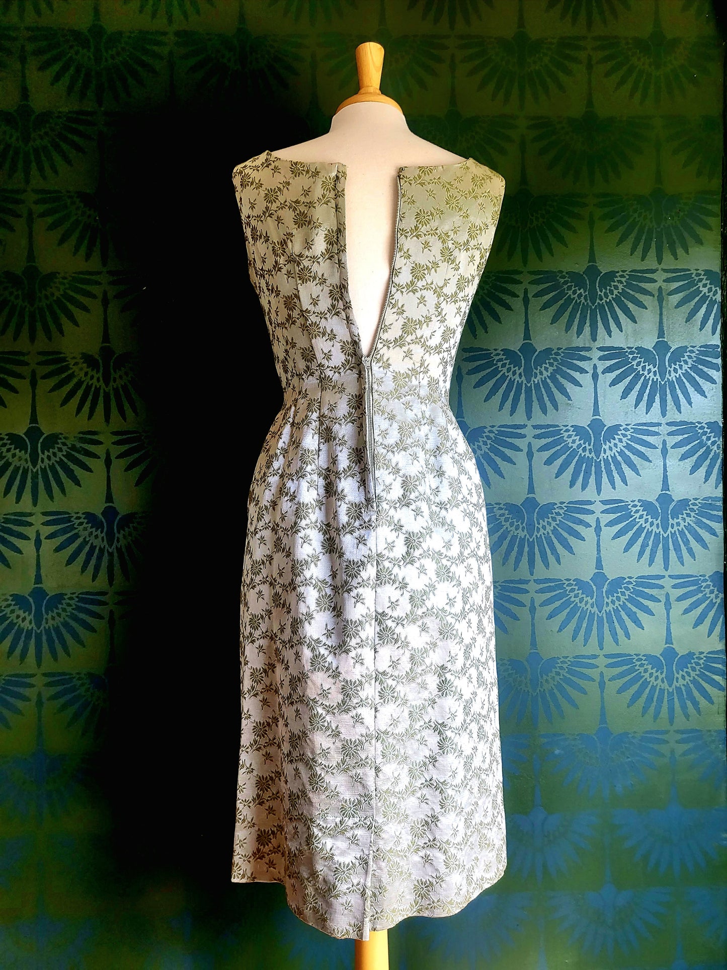 Vintage 1950's-1960's Carol Craig Sage Green Brocade Wiggle Dress with Bolero