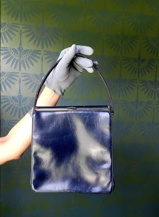 SOLD - Vintage "Waldman" Mid Century Navy Leather Handbag