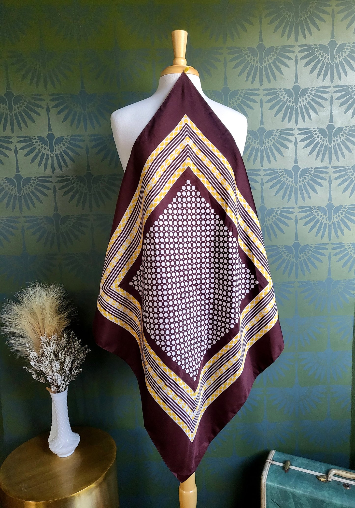 STYLE 3017 - Vintage Brown, White, and Yellow Dot Square Scarf