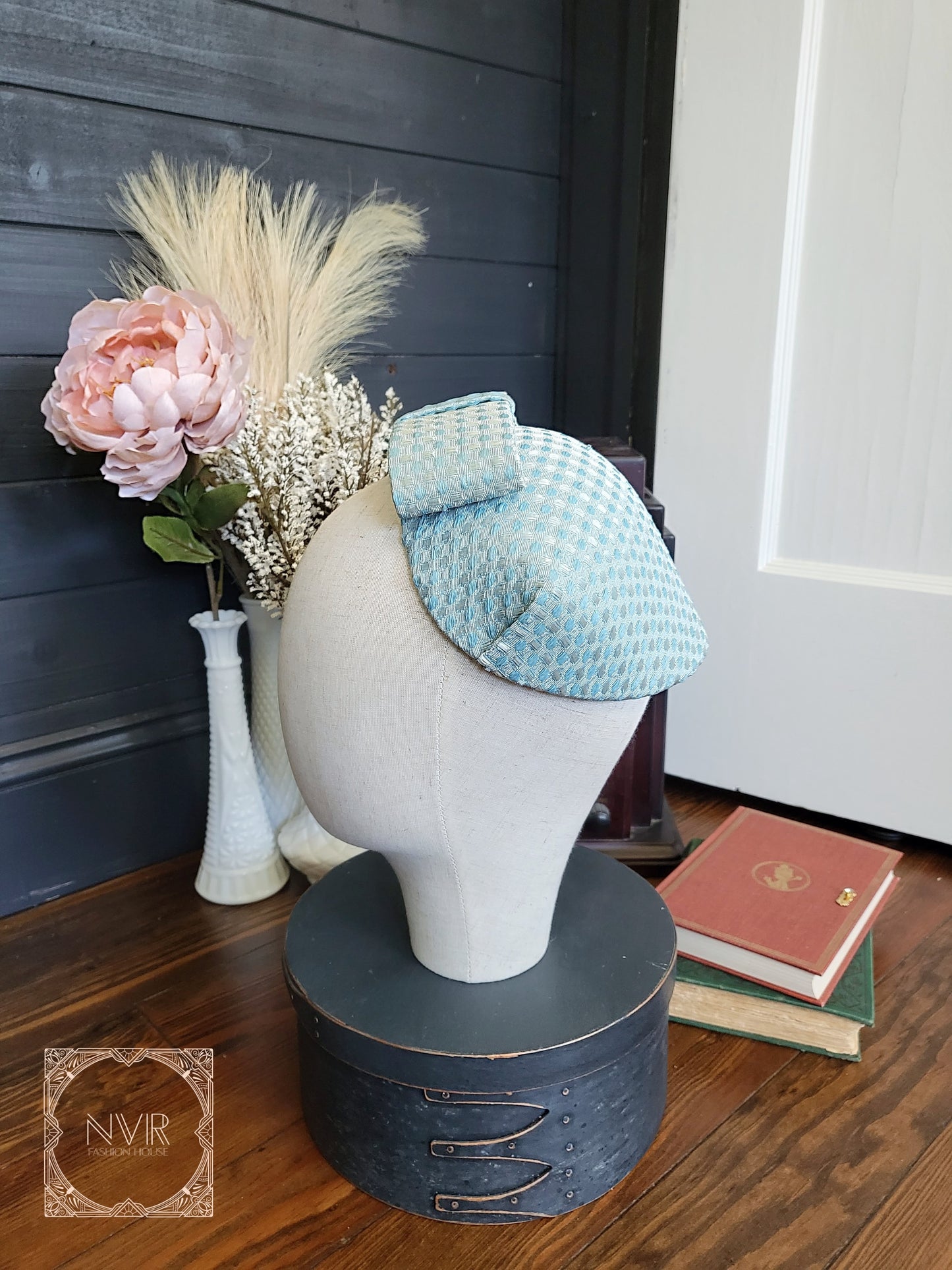 HAT42 - Vintage 1950s Pale Blue Dot  Half Hat with Large Bow