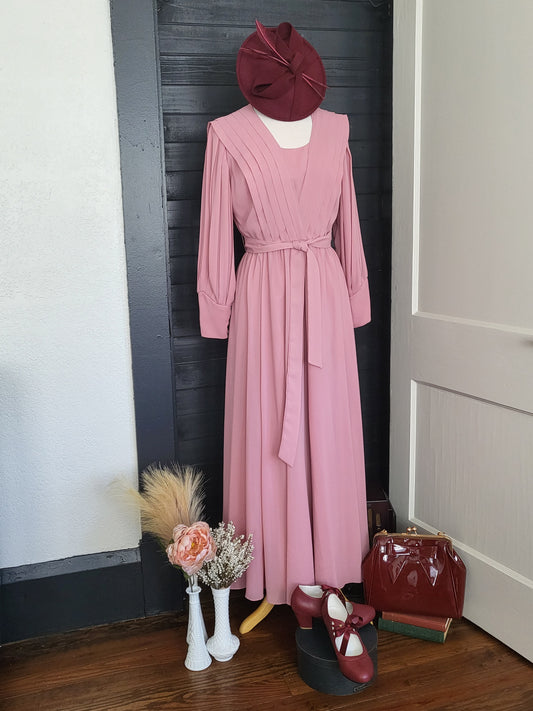 SOLD-1940's Style Pleated Bodice A-line Dress-Dusky Pink