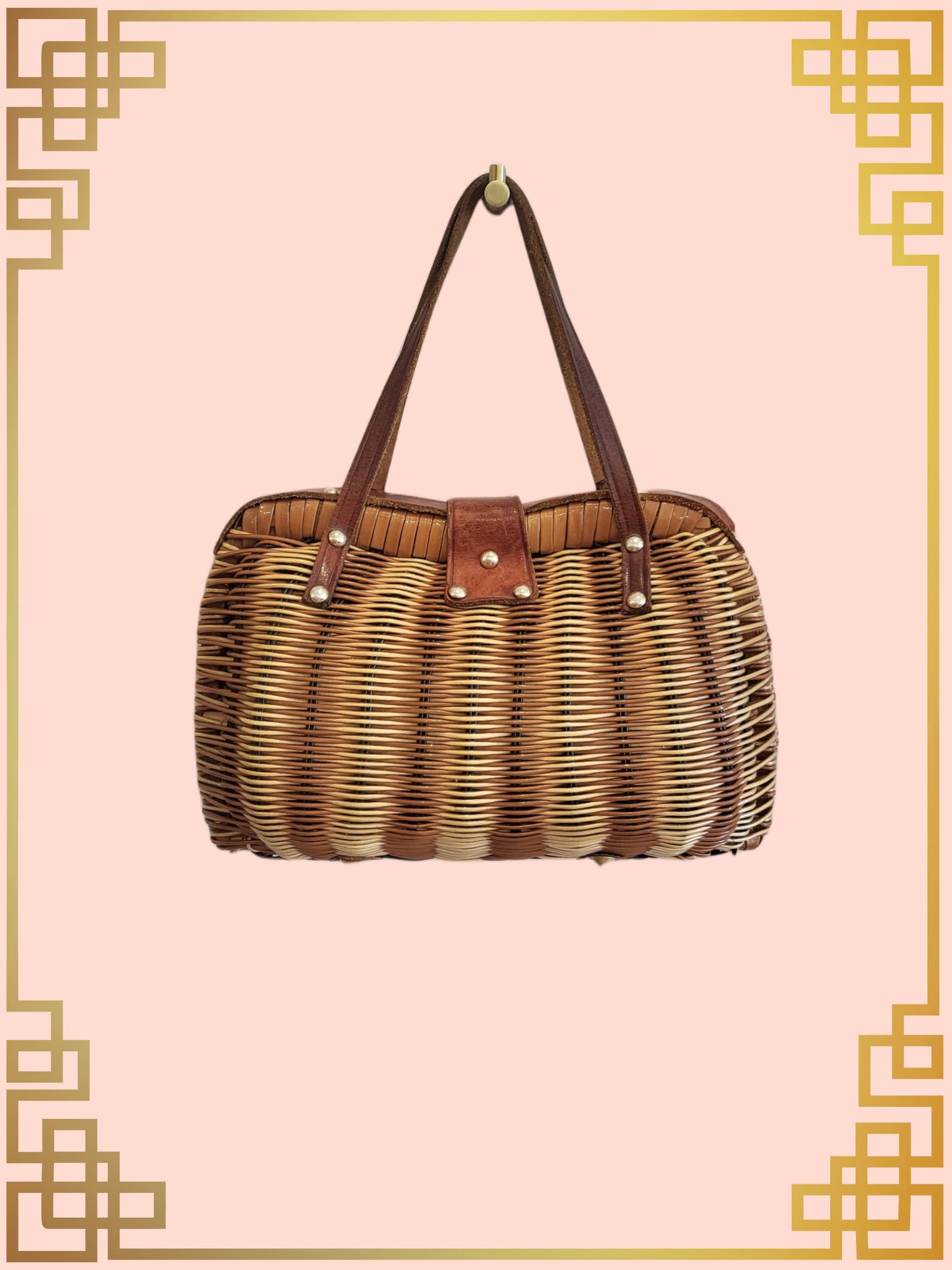 SOLD - Vintage Wicker Basket Weave Handbag with Leather Trim and Handles