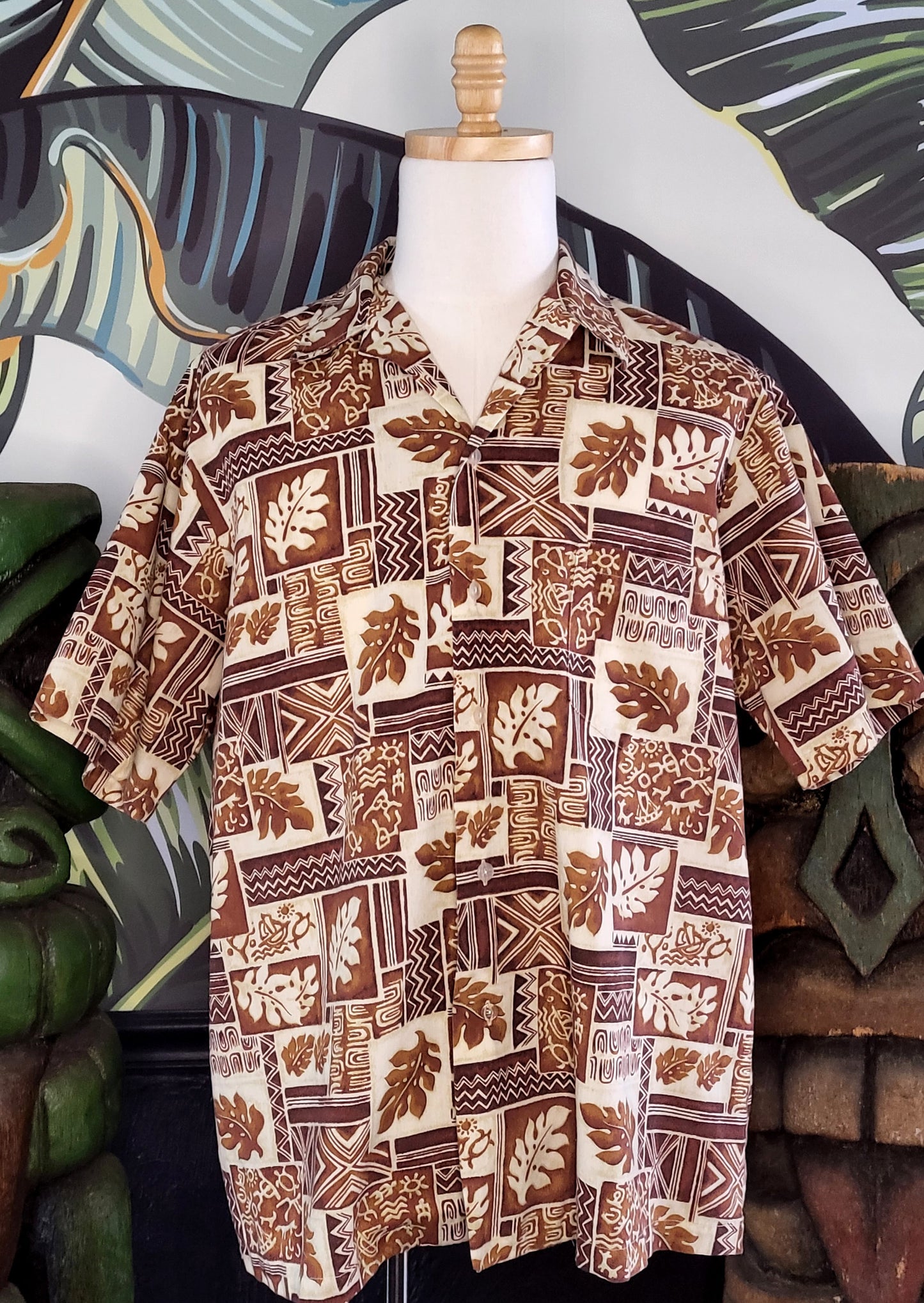 SOLD - Vintage "Islands from Hawai'i" Brown Leaf Button-up Shirt - XL